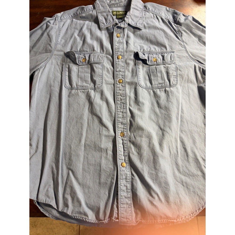 Eddie Bauer Mens XL Blue Cotton Canvas Utility Short Sleeve Button Down Shirt